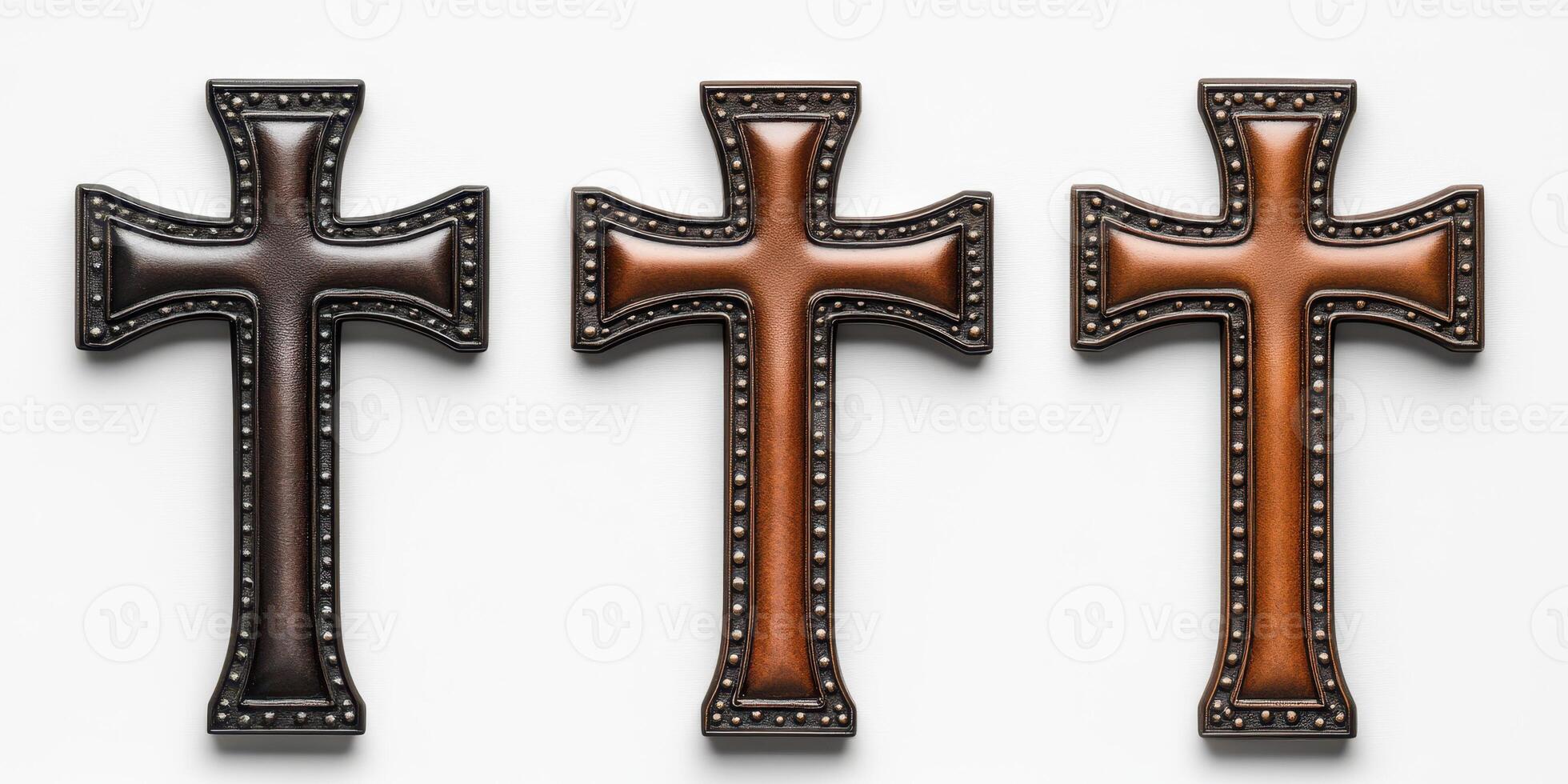 Decorative leather crosses arranged in a series showcasing different colors and textures for a unique spiritual aesthetic photo