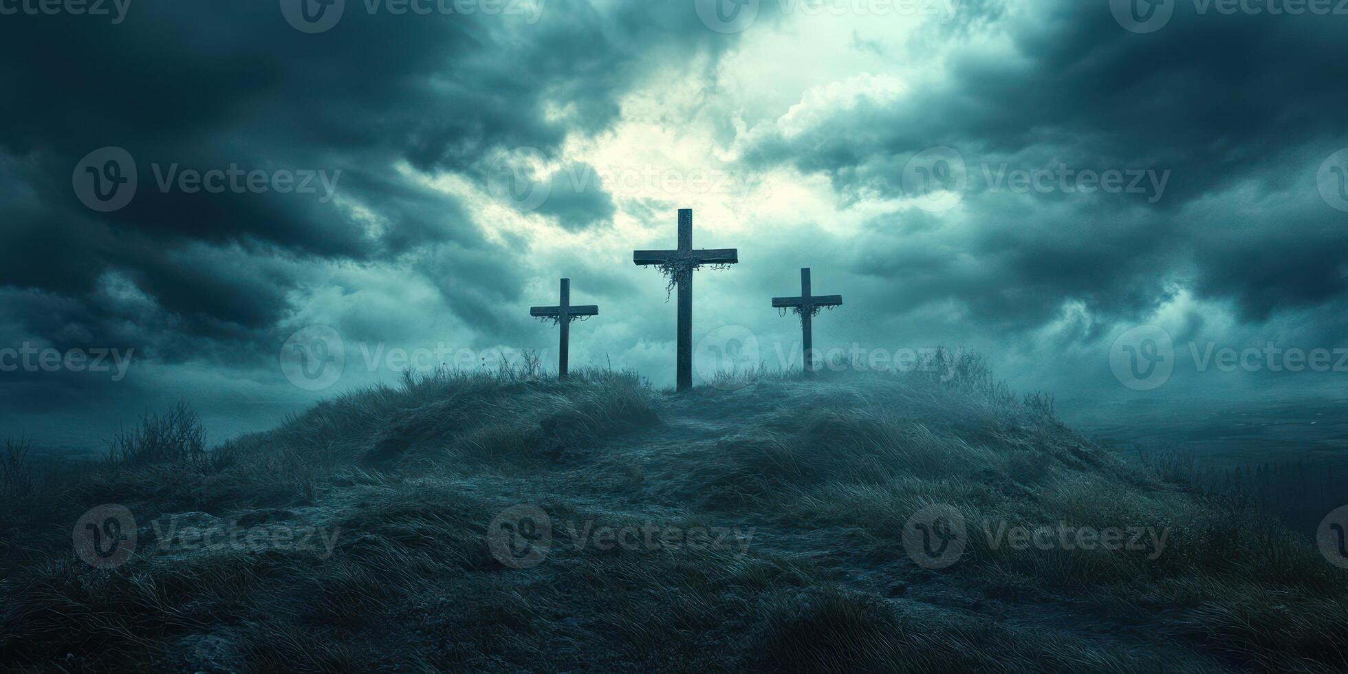 Crosses stand solemnly on a hill under an ominous sky filled with dark clouds during twilight hours in a secluded area photo