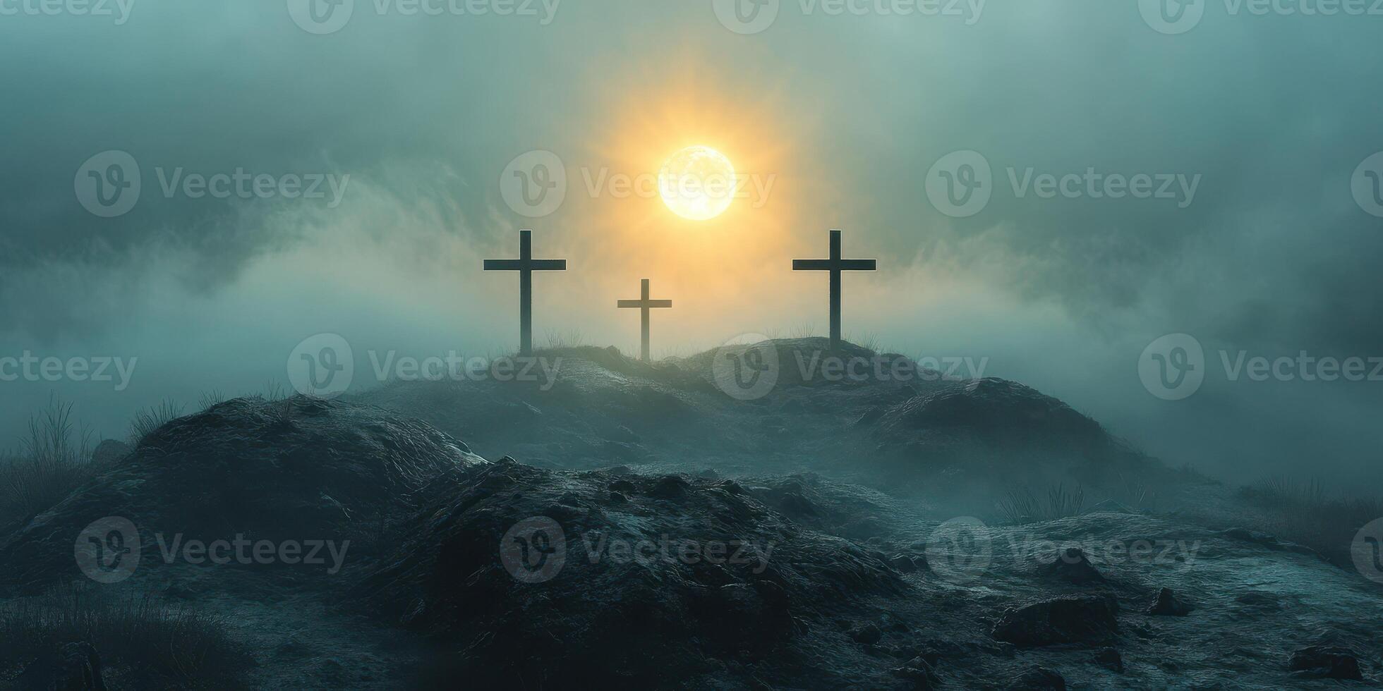 Mysterious landscape featuring three crosses under a glowing sunrise in a foggy atmosphere photo