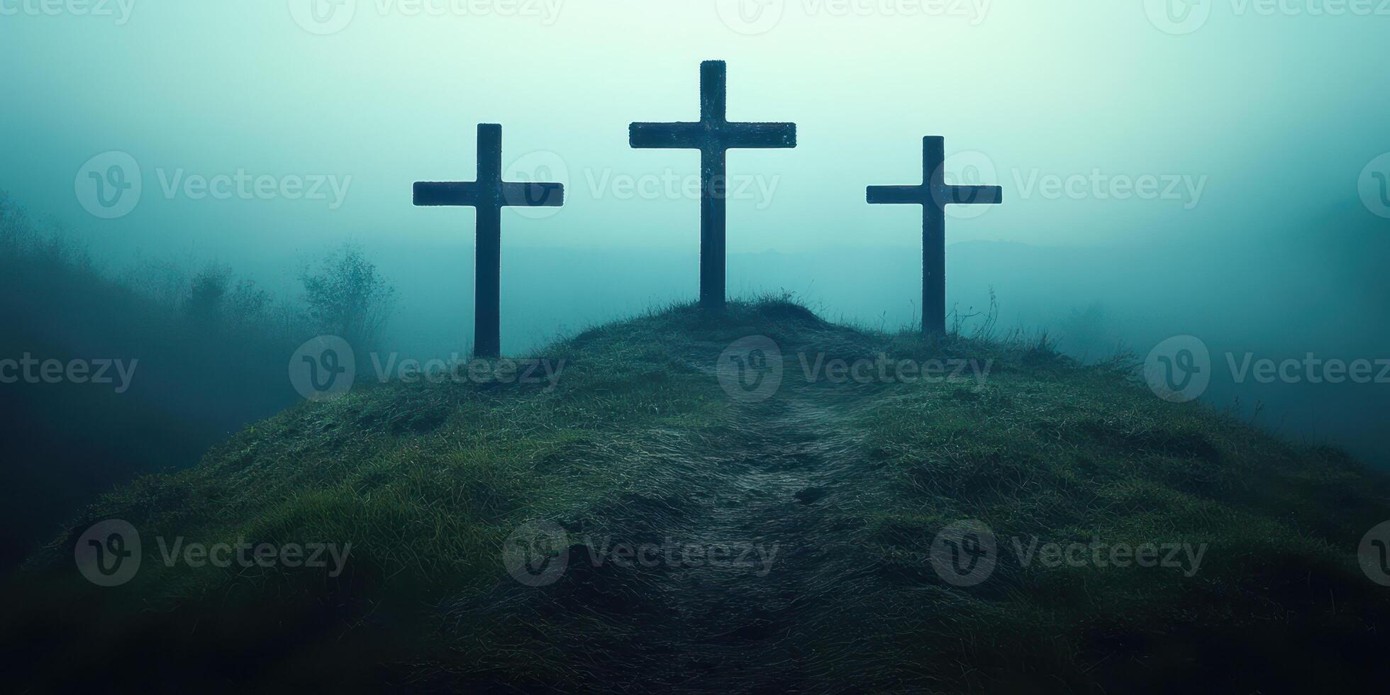 Three wooden crosses stand solemnly on a foggy hillside at dawn, creating a serene and reflective atmosphere photo