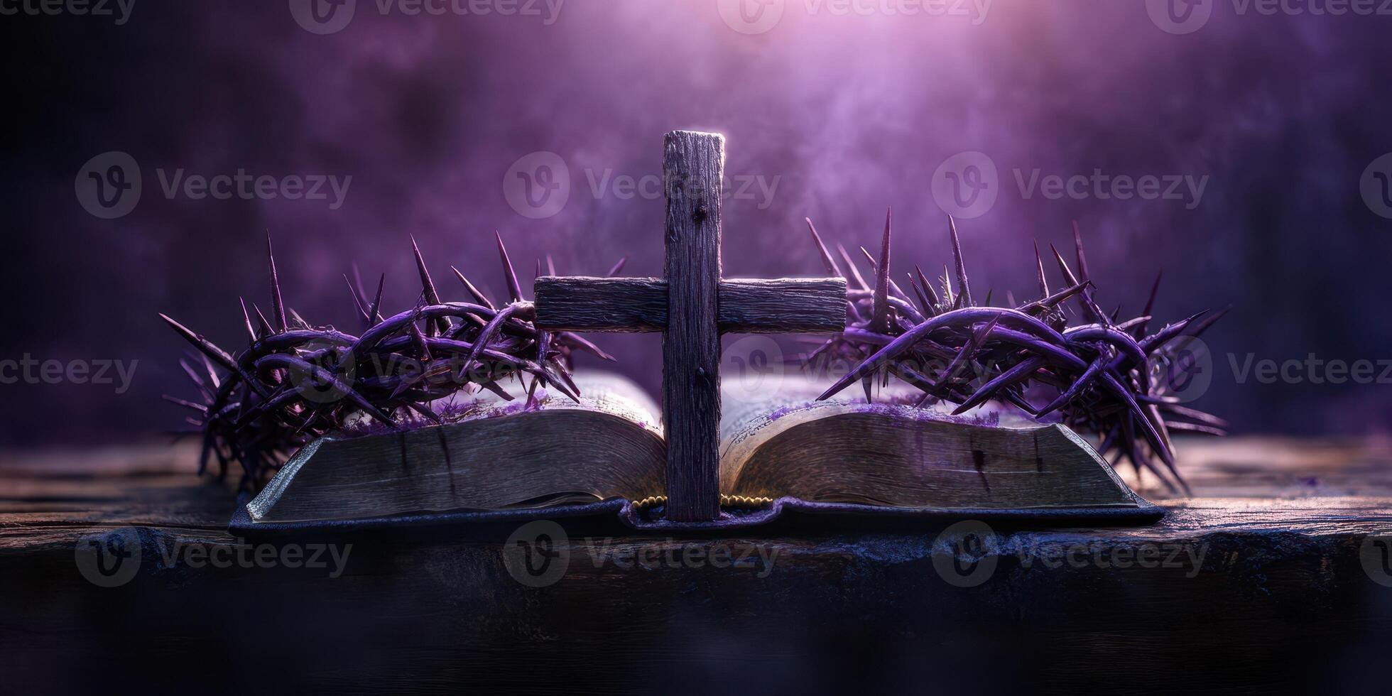 Symbolic representation of faith with a cross and crown of thorns on a sacred book in a dimly lit setting photo