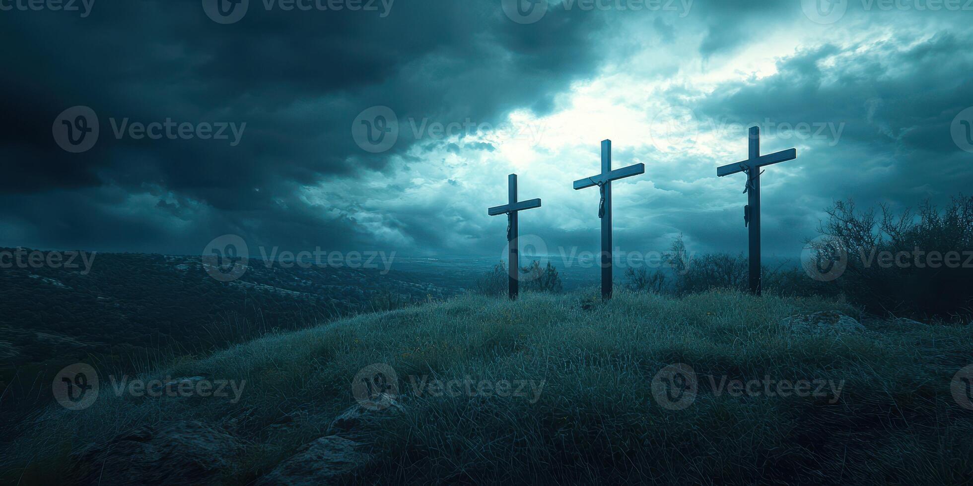 Three wooden crosses stand on a hill against a dramatic cloudy sky at dusk photo