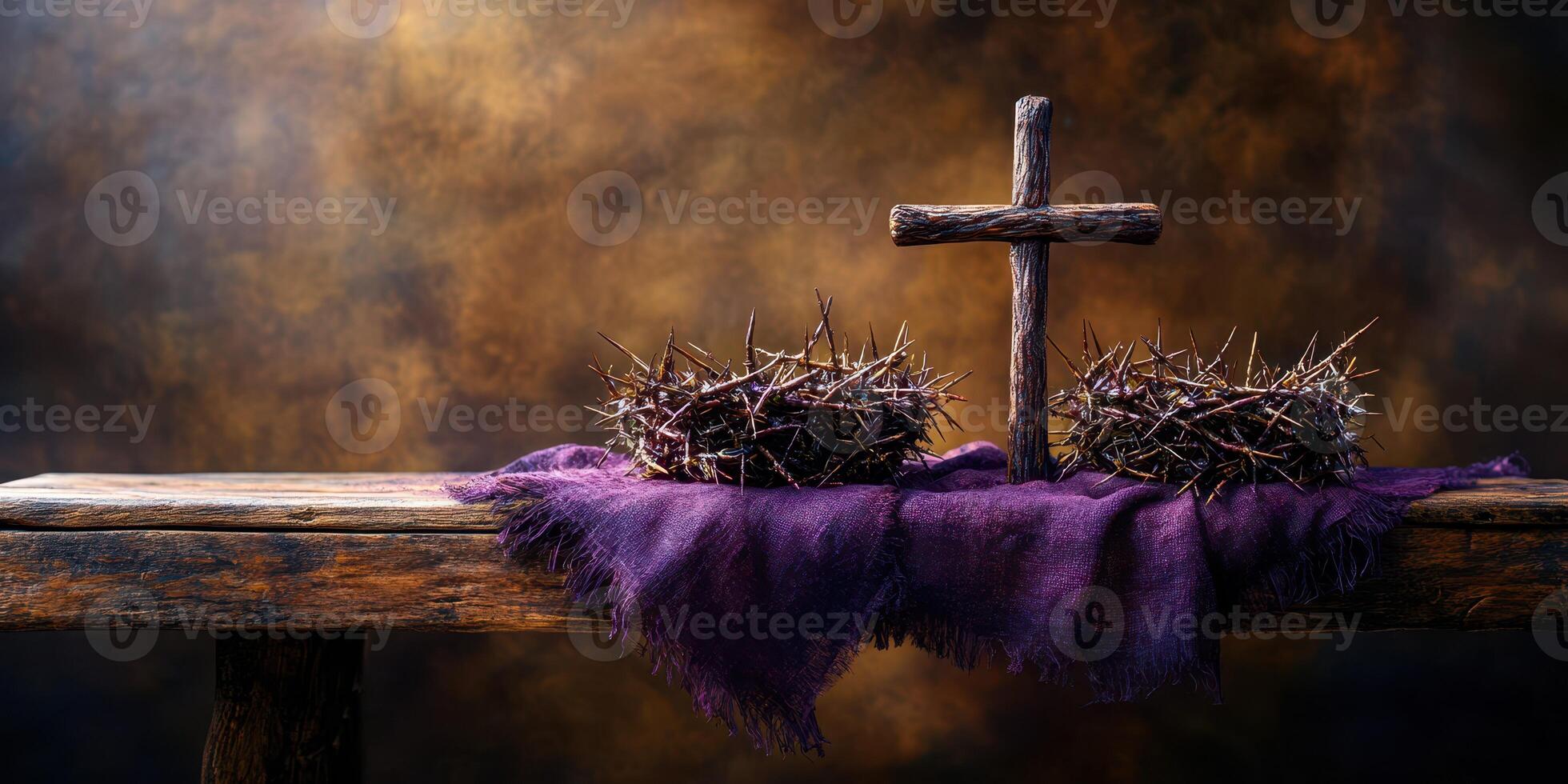 Symbolic arrangement of crown of thorns and cross on rustic table with purple cloth in an atmospheric setting photo