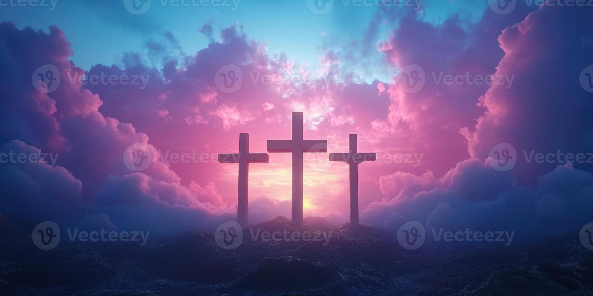 Sunset behind three crosses rising above a colorful cloud-strewn sky in a serene landscape photo