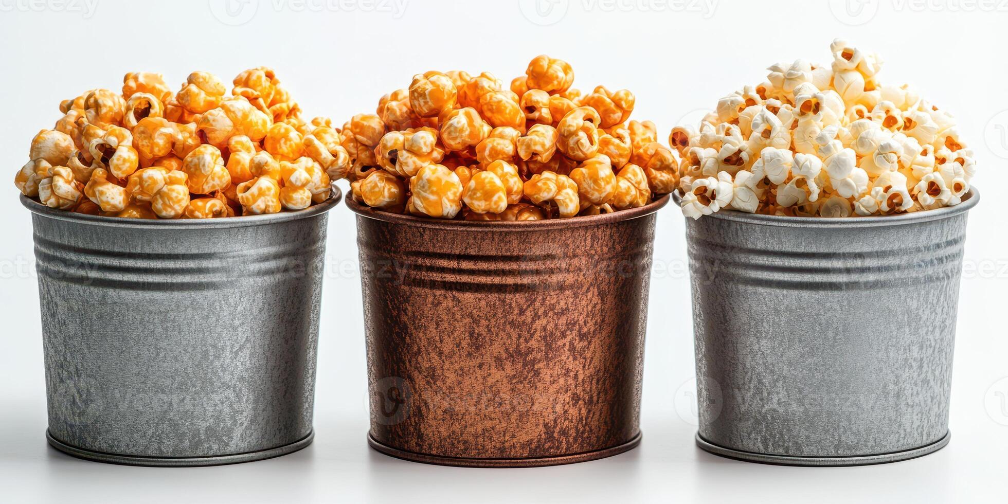 Varieties of popcorn in metal buckets for a flavorful snack experience photo