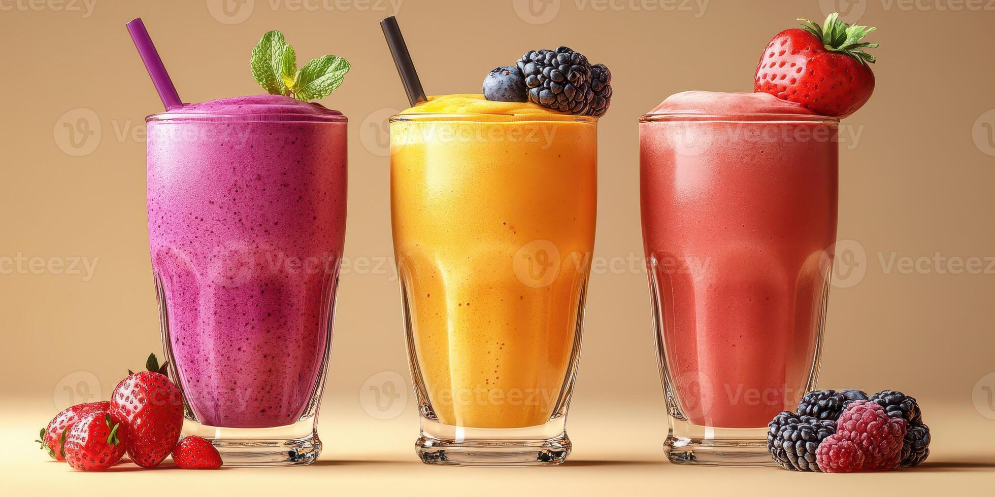 Colorful smoothie drinks with fruits in a bright setting during day photo
