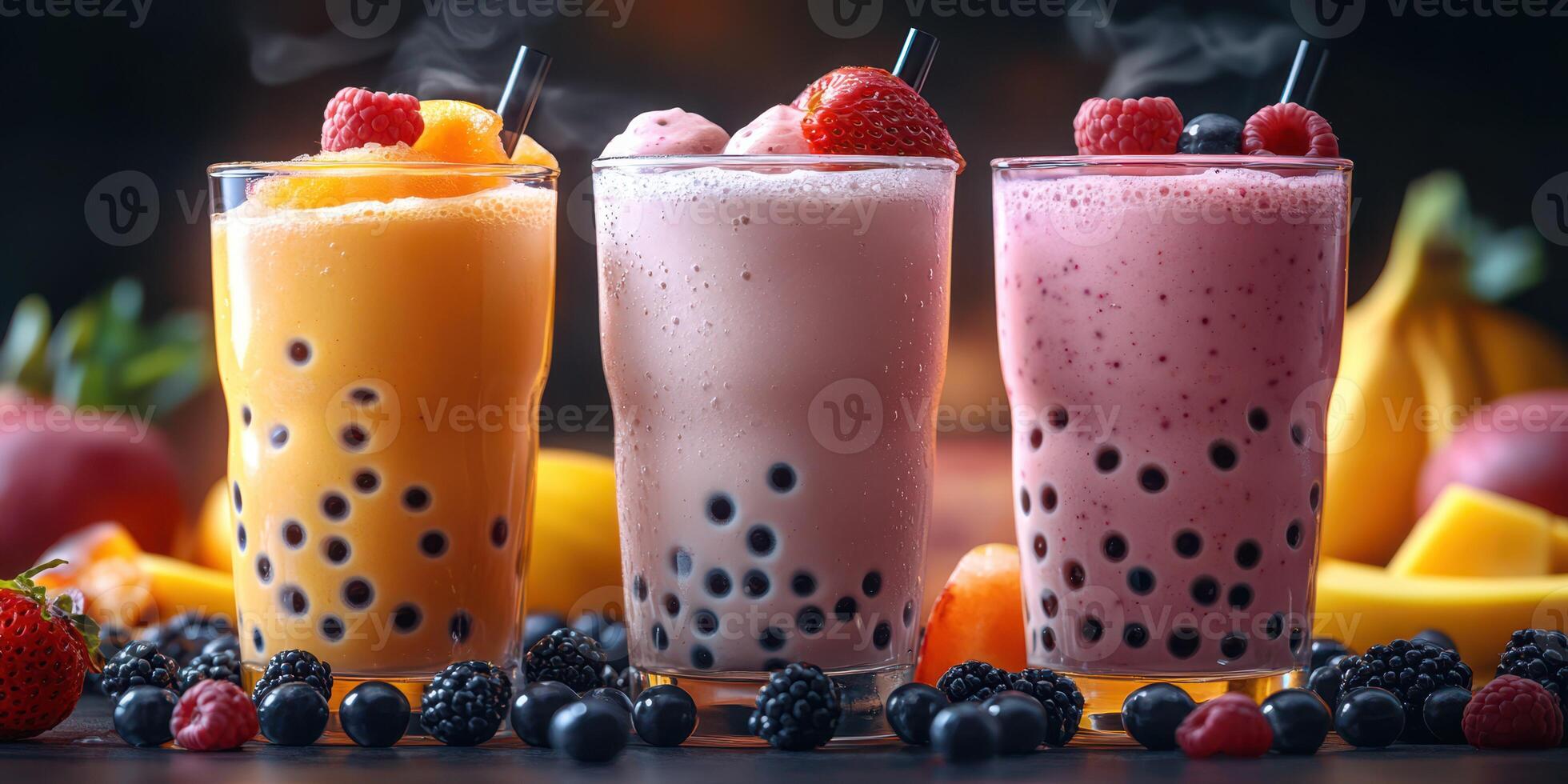 Colorful bubble tea drinks with fresh fruit on display in a cozy setting photo