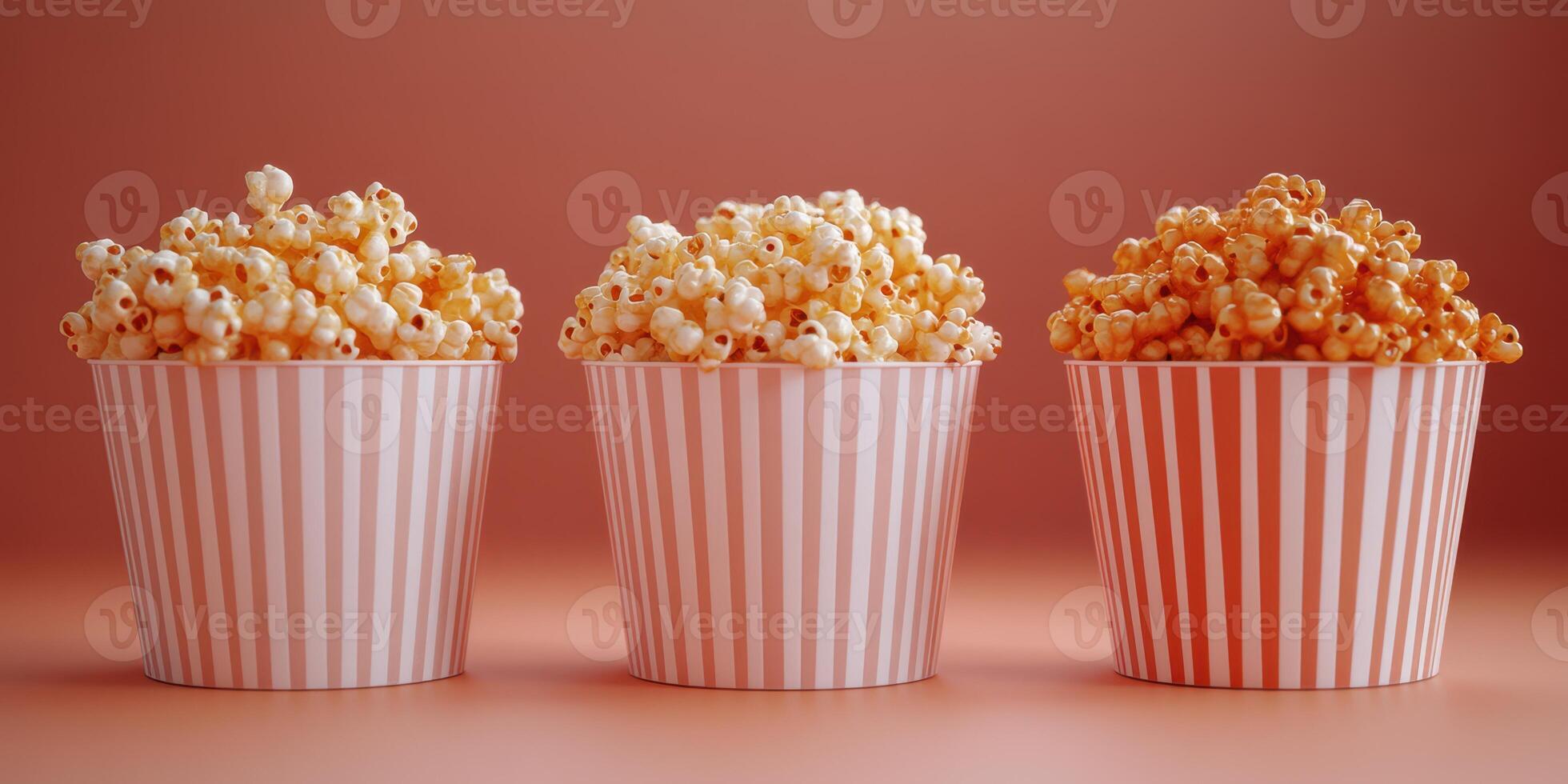 Three striped popcorn buckets filled with delicious buttery popcorn, perfect for a film night photo