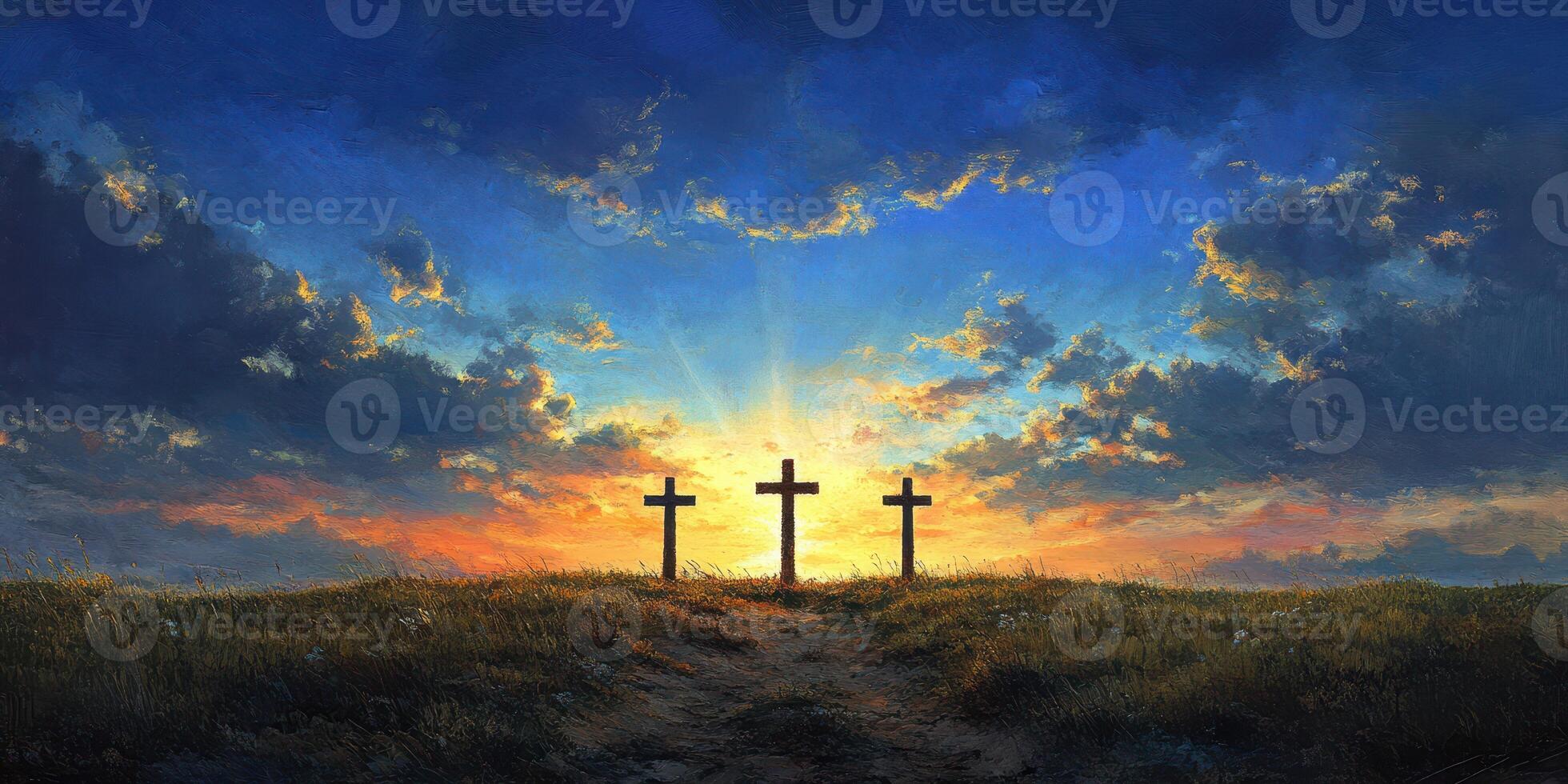 Three crosses silhouetted against a vibrant sunset in a serene landscape revealing hope and reflection photo