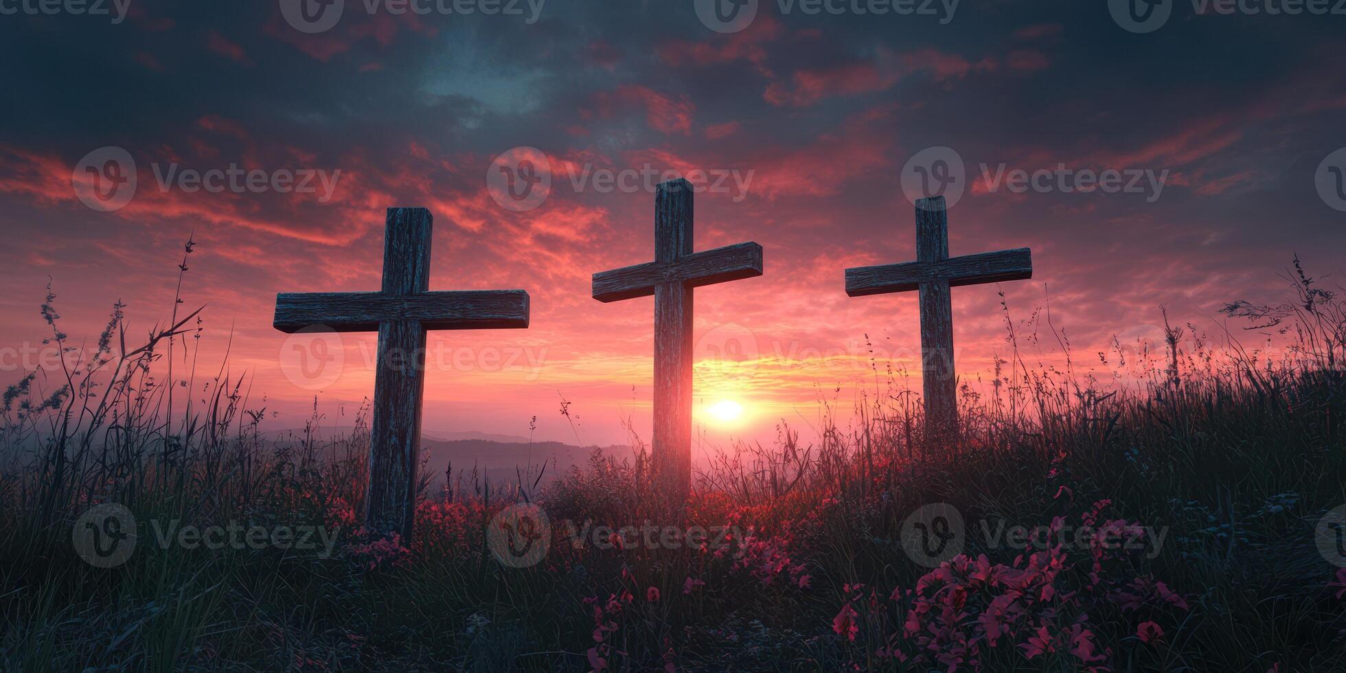 Three crosses stand against a vibrant sunset sky over a field of wildflowers in a serene landscape photo