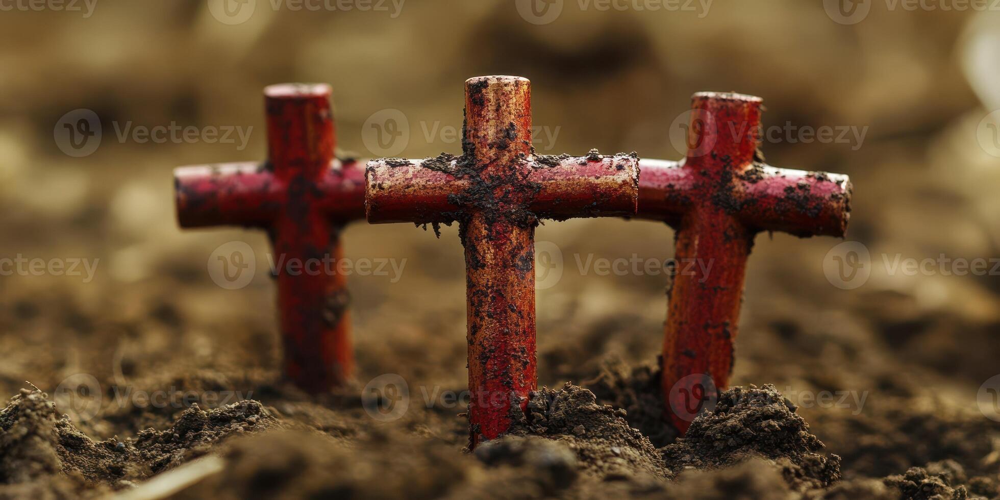 Wooden crosses covered in soil mark a grave site in a rural area during an overcast day in early spring photo