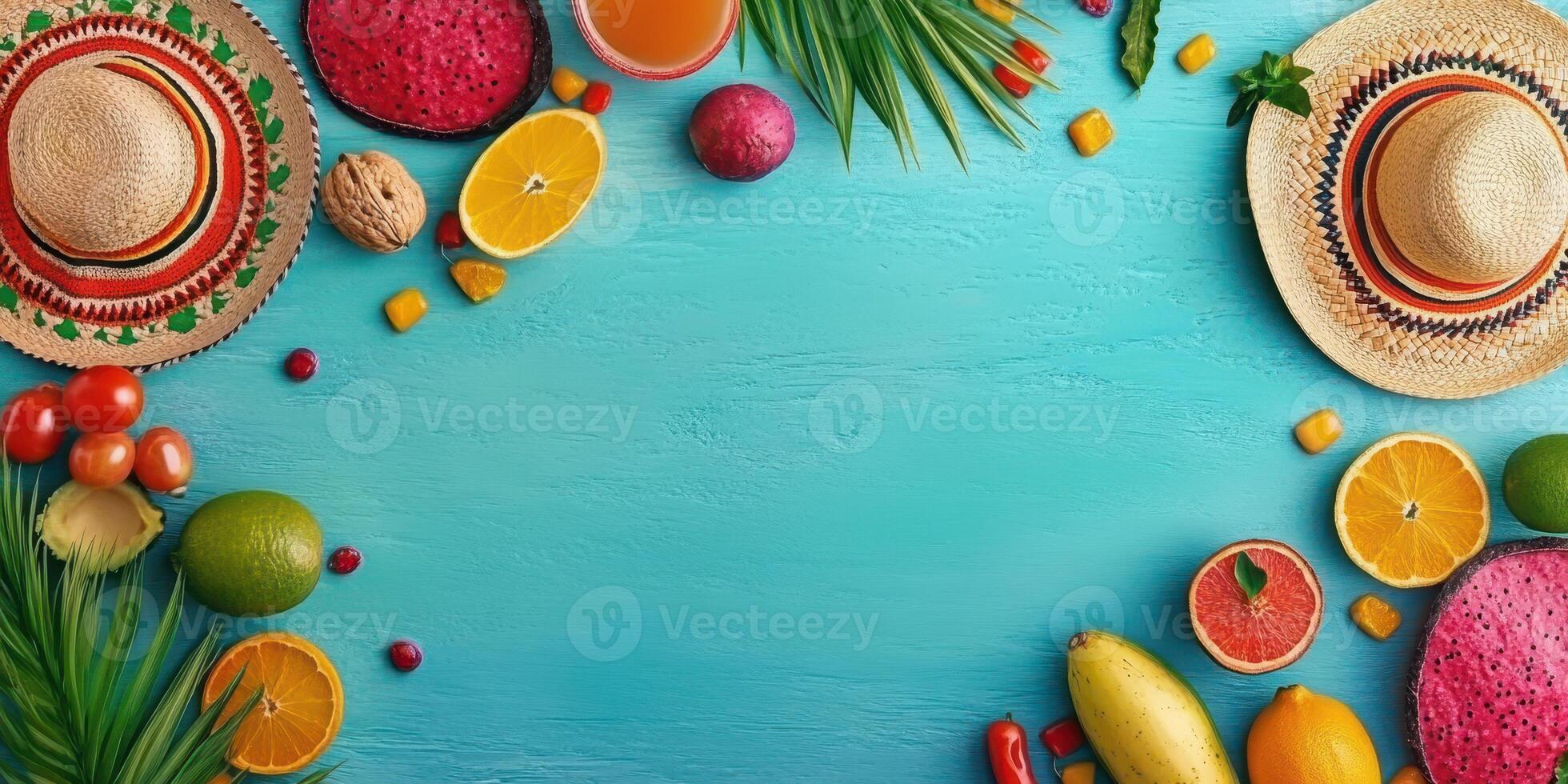 Colorful arrangement of fruits and sombreros on vibrant blue background for festive celebration photo