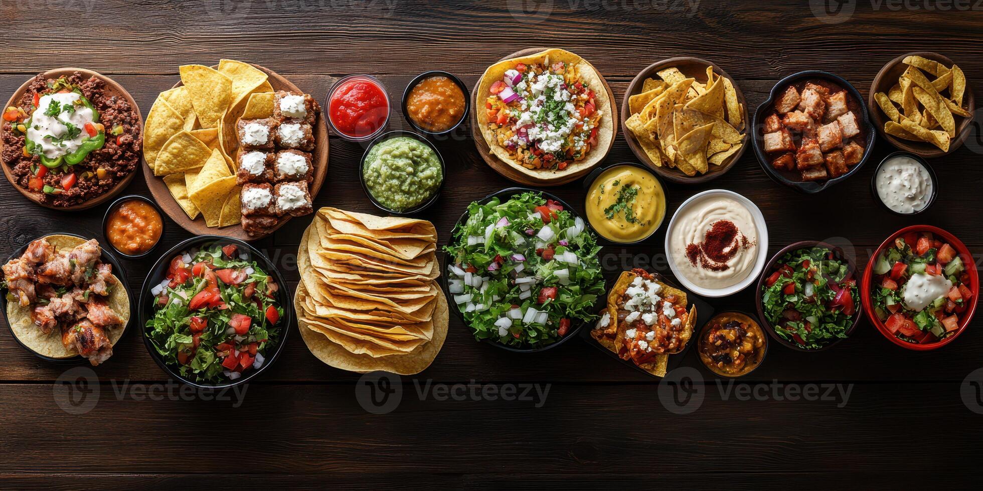 Colorful spread of traditional Mexican cuisine featuring tacos, salsa, and various dips on a wooden table photo