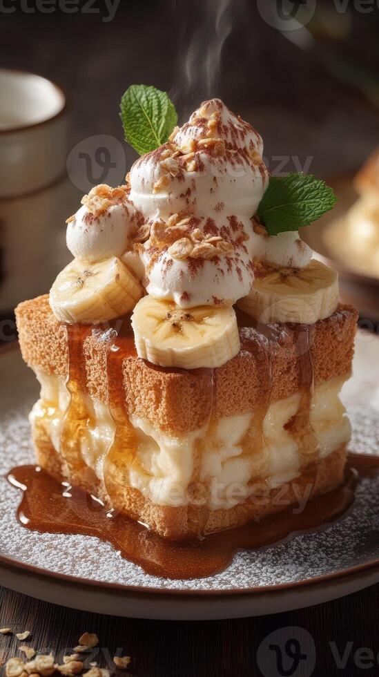 Delicious dessert featuring layers of fluffy bread, bananas, whipped cream, and caramel sauce on a rustic wooden table photo