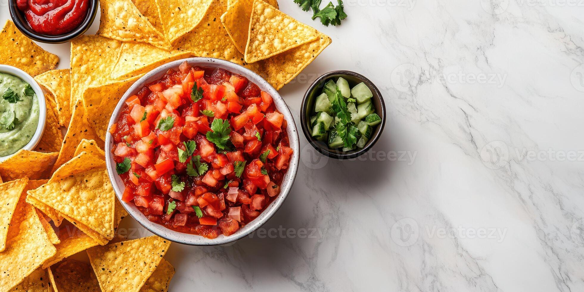 Fresh salsa served with crispy tortilla chips and assorted toppings in a vibrant food setting photo