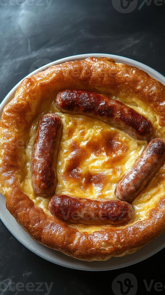 Savory dish featuring sausage and cheesy pudding prepared in a circular baking dish photo