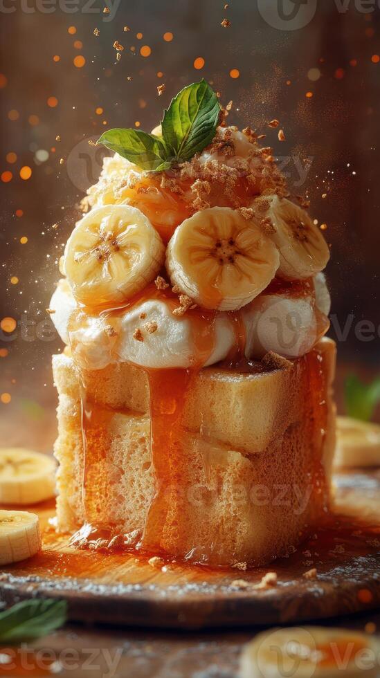 Delicious dessert featuring fluffy bread with bananas, cream, and caramel, beautifully presented with mint garnish in a cozy setting photo