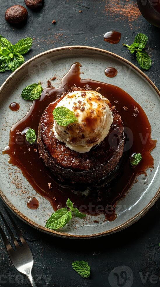 Delicious dessert served at a cozy restaurant featuring warm chocolate cake with vanilla ice cream and chocolate drizzle photo