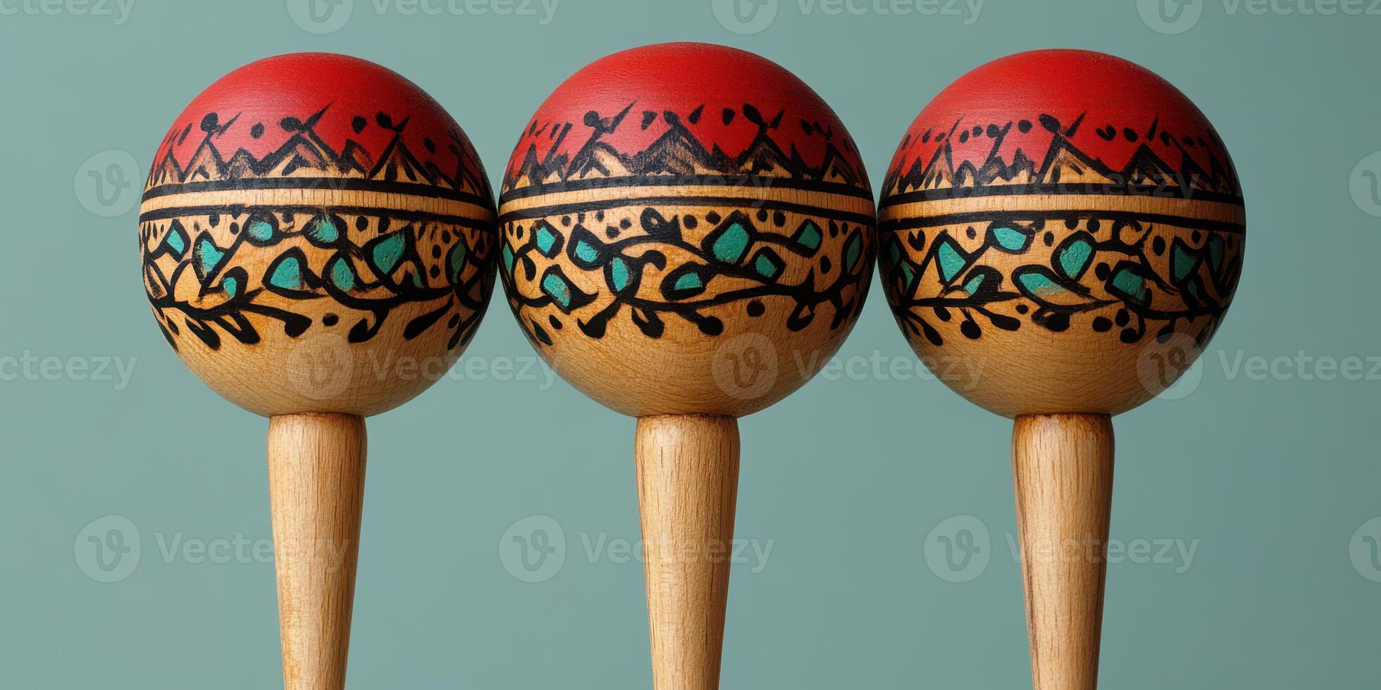 Colorful handcrafted maracas displayed on a neutral background showcasing intricate designs and cultural artistry photo