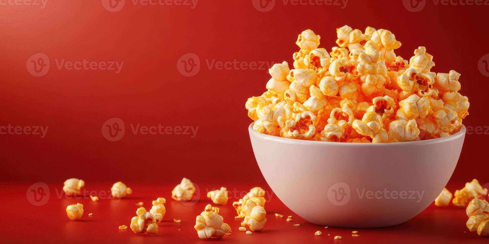 Delicious buttery popcorn in a white bowl against a vibrant red background ready for movie night photo