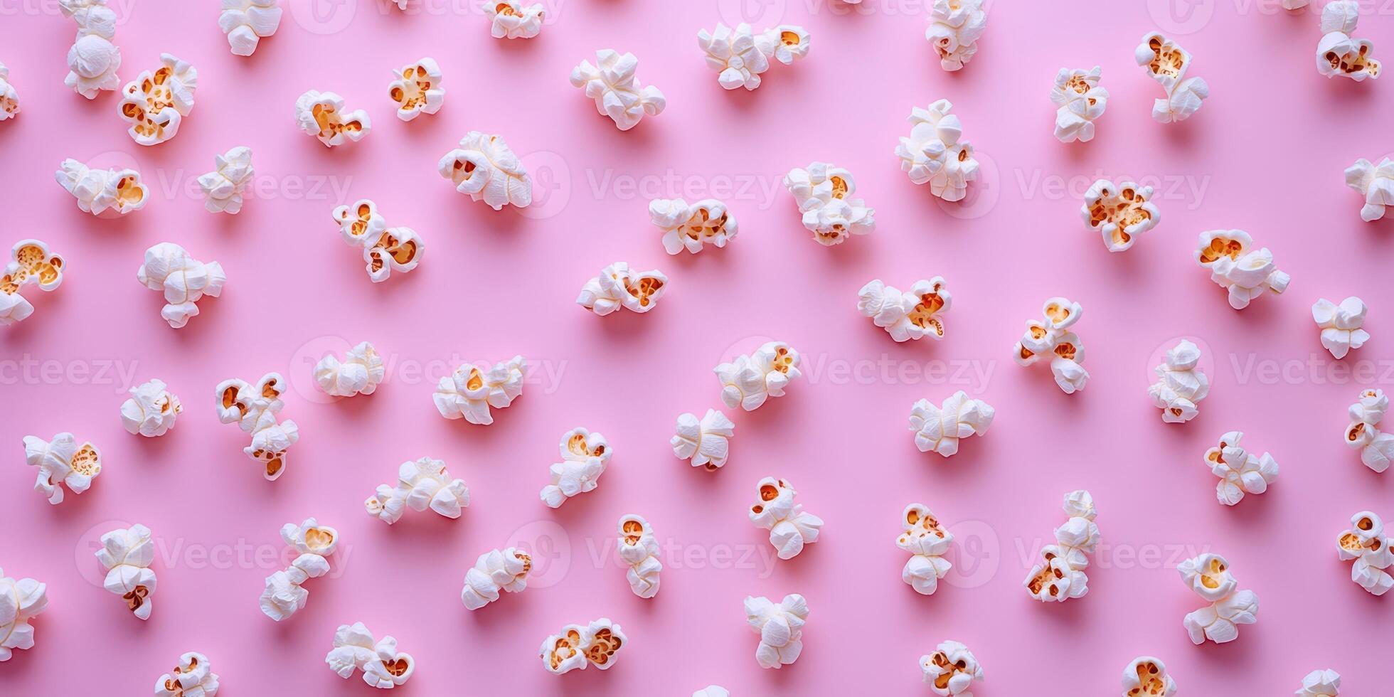 Colorful popcorn scattered across a pink background creates a fun and vibrant food arrangement photo