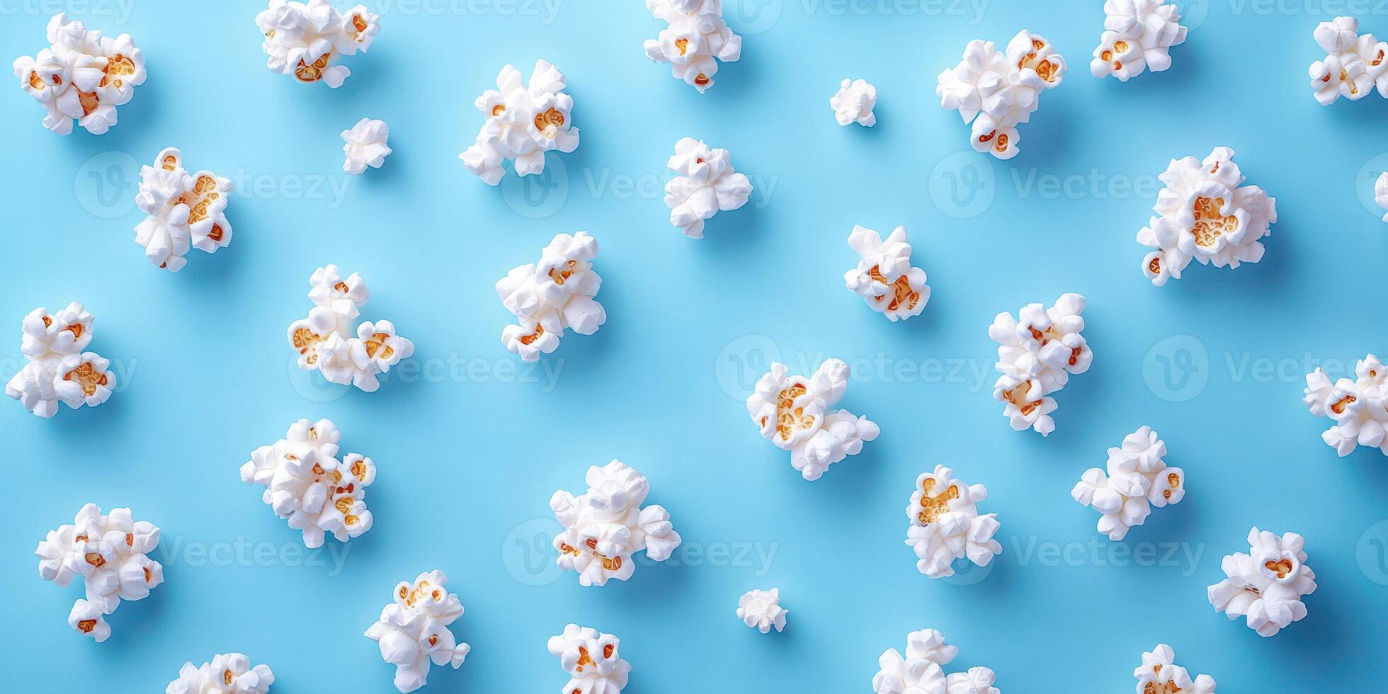Various popcorn pieces scattered on a light blue background create a playful and colorful visual experience photo