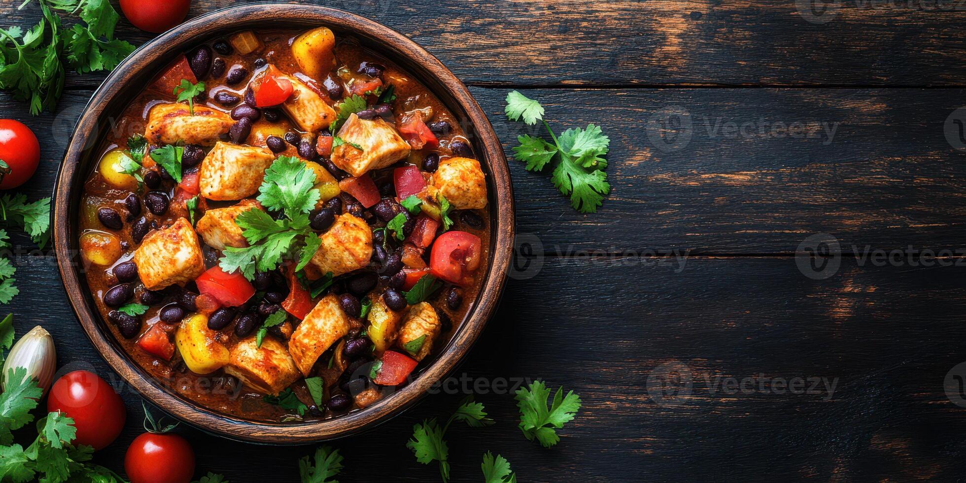Delicious chicken and black bean stew served in a rustic wooden bowl with fresh herbs and vegetables photo