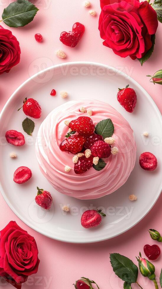 Delicious raspberry cake surrounded by fresh roses on a pink backdrop for a special celebration in spring photo