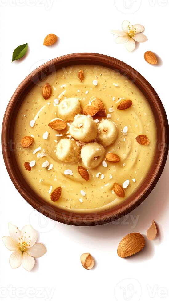 Delightful bowl of creamy banana almond pudding garnished with nuts and flowers on a bright background photo