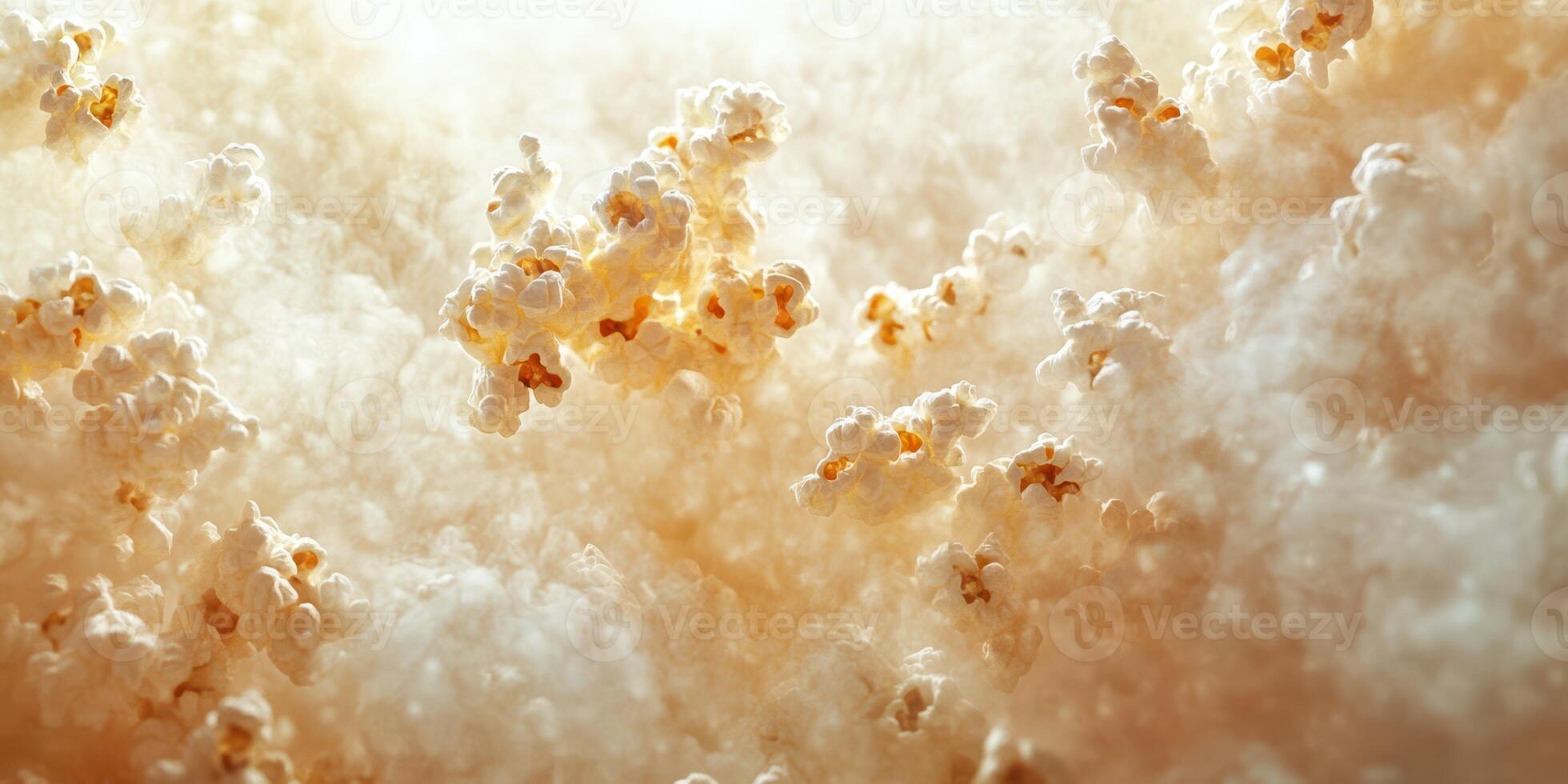 Popcorn kernels burst and create a fluffy cloud of snack in a light atmosphere during a movie night photo