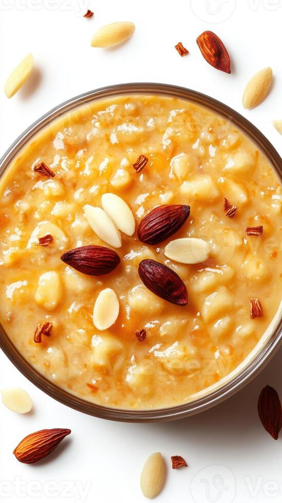 Creamy dessert made with rice, milk, and nuts garnished with almonds in a bowl on a white background photo