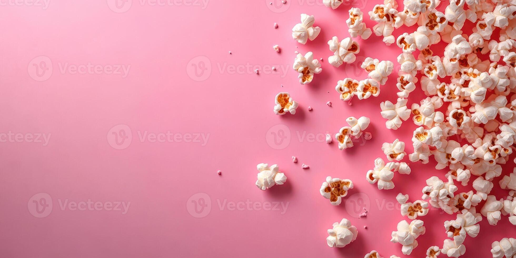 Popcorn spread across a pink surface creates a playful and inviting atmosphere for movie night snacks photo