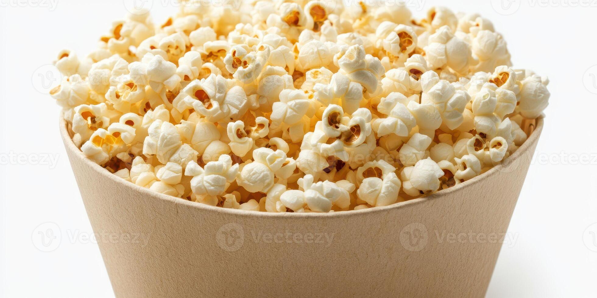 Freshly popped popcorn in a brown paper container ready for movie night or snack time at home photo