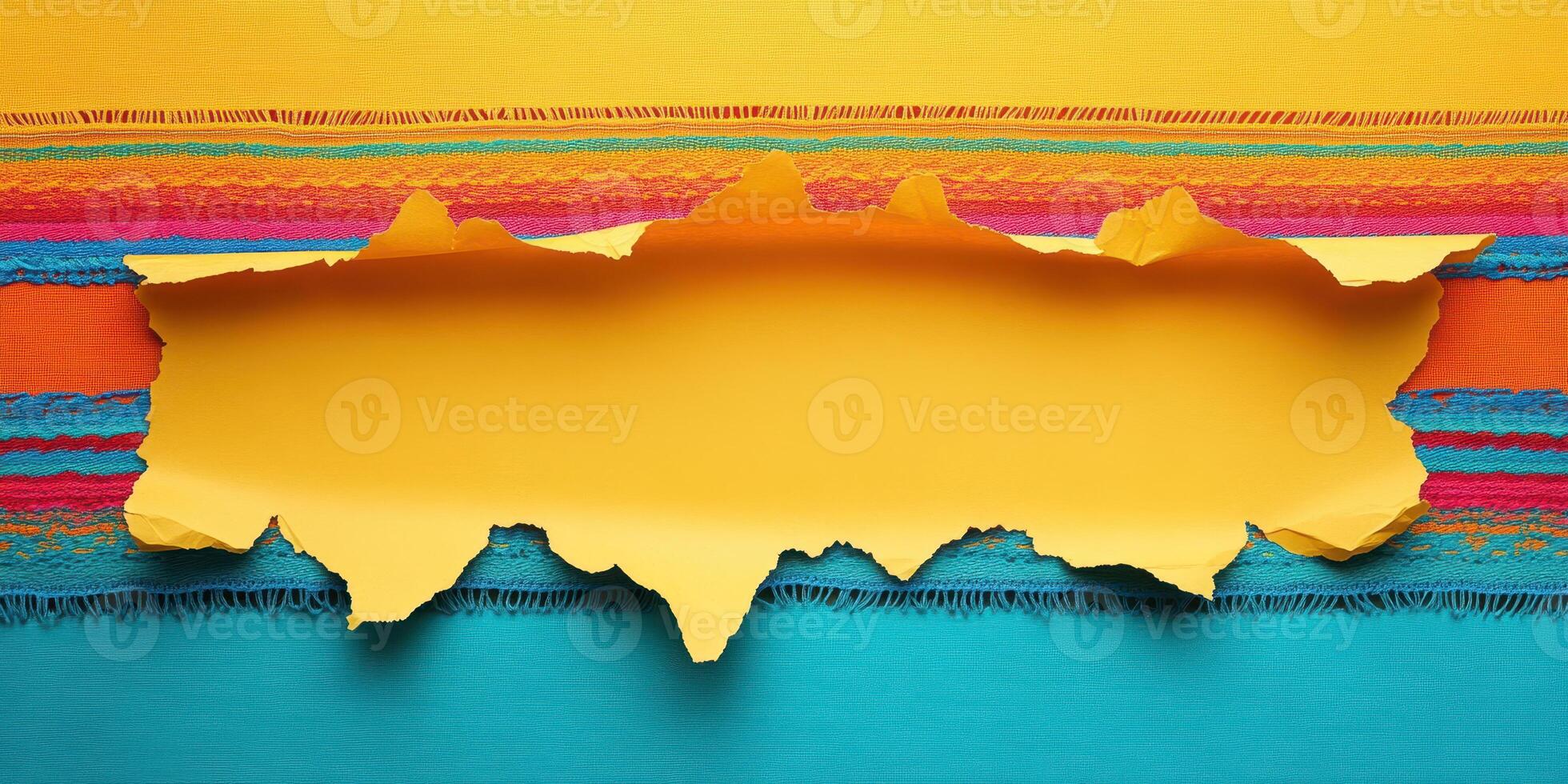 Colorful torn paper creating a vibrant background with yellow, blue, and multicolored stripes photo