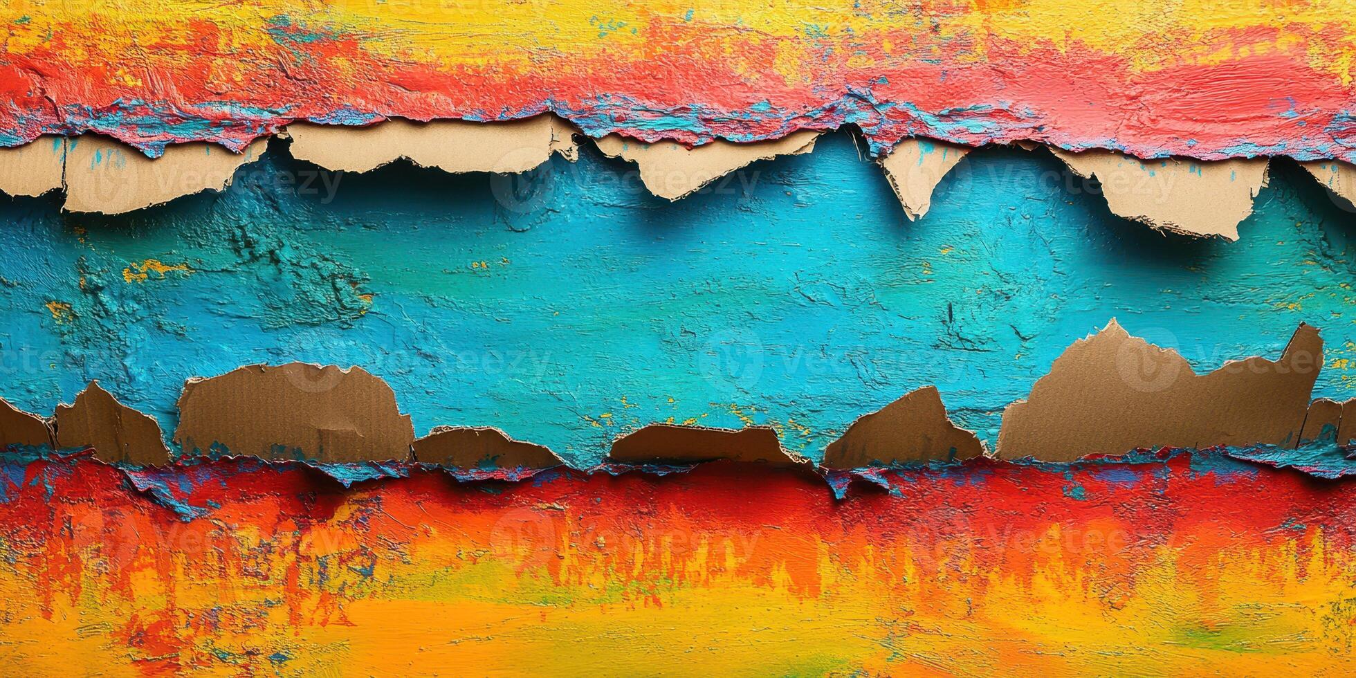 Vibrant abstract wall art with peeling layers showcasing bold colors and textures in a creative urban setting photo