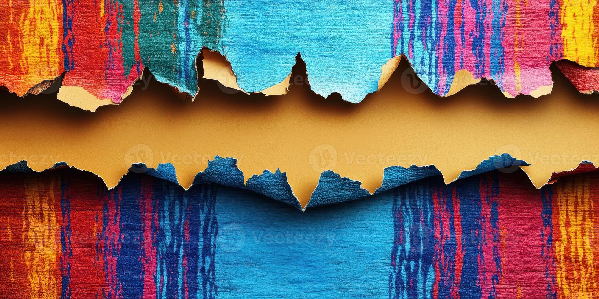 Vibrant torn paper revealing colorful fabric patterns in a creative design concept photo