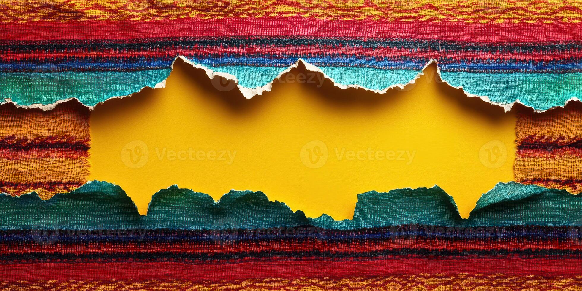 Colorful fabric background with a vibrant tear revealing a bright yellow surface underneath photo