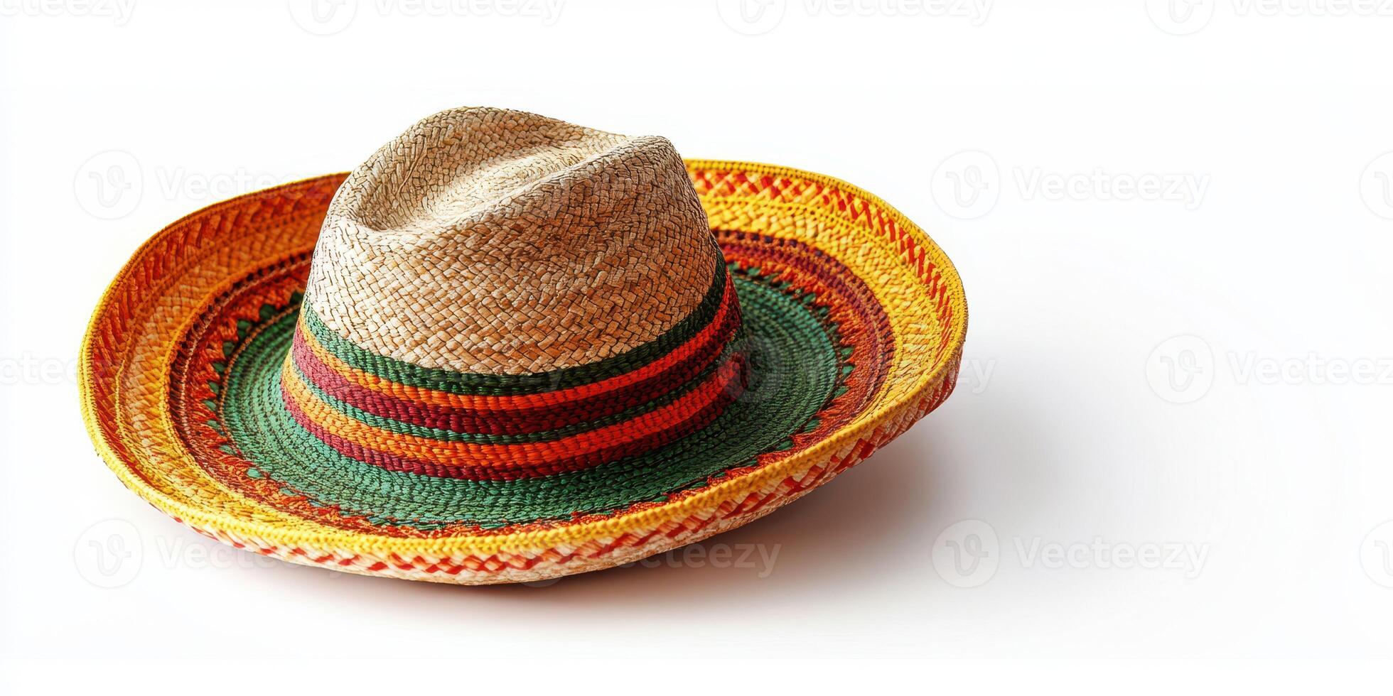 Colorful woven straw hat with intricate detailing placed on a white surface photo