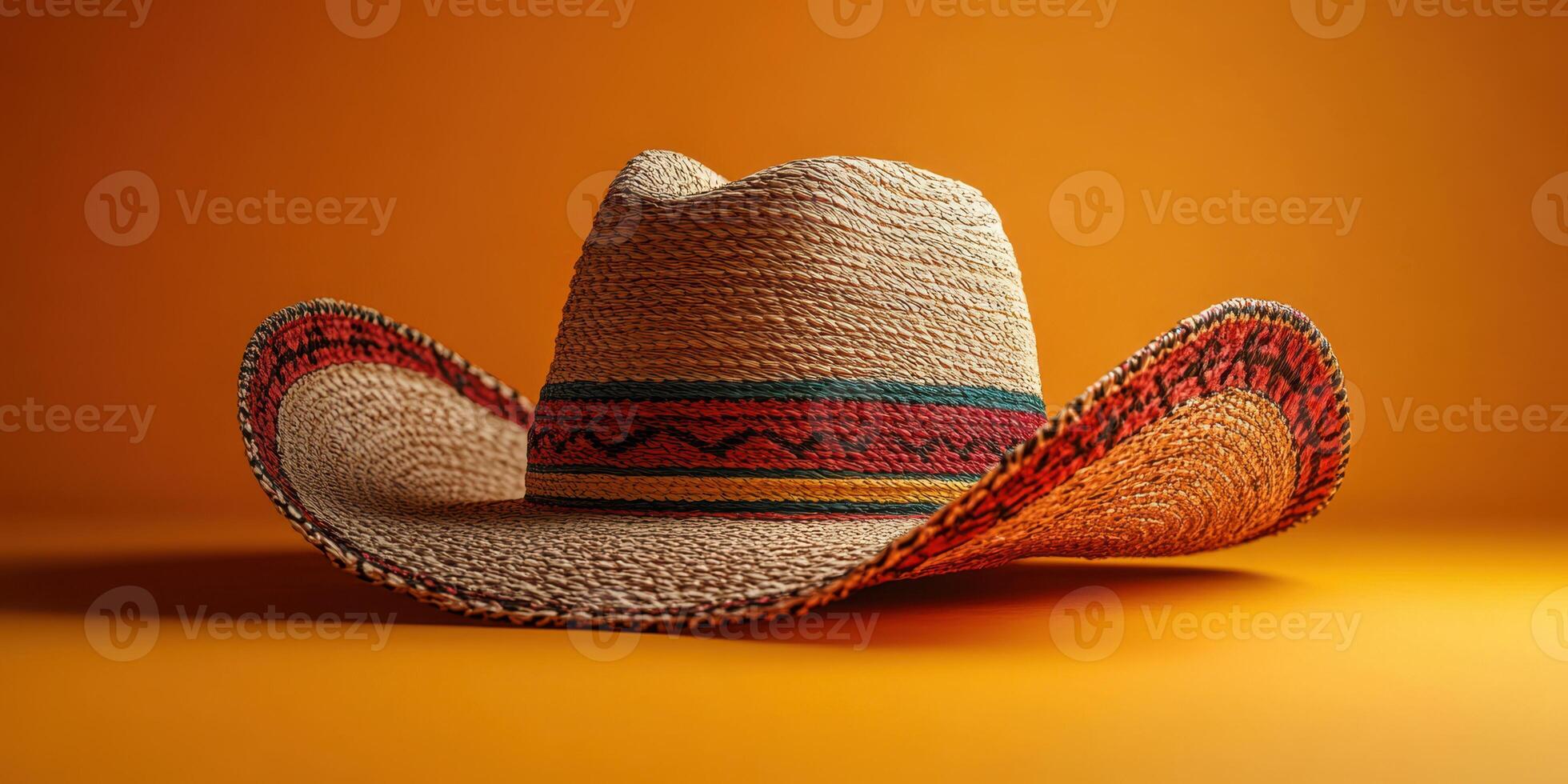 Straw hat with colorful band placed against a vibrant orange background highlighting its design and texture photo