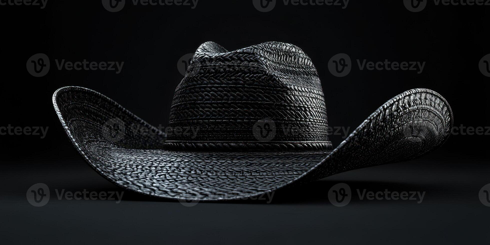 Stylish black straw cowboy hat with intricate woven pattern on a dark background photo