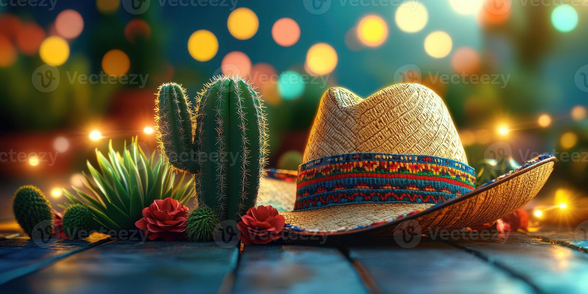 Fiesta decorations with a straw hat, cacti, and flowers create a vibrant atmosphere at a festive gathering photo