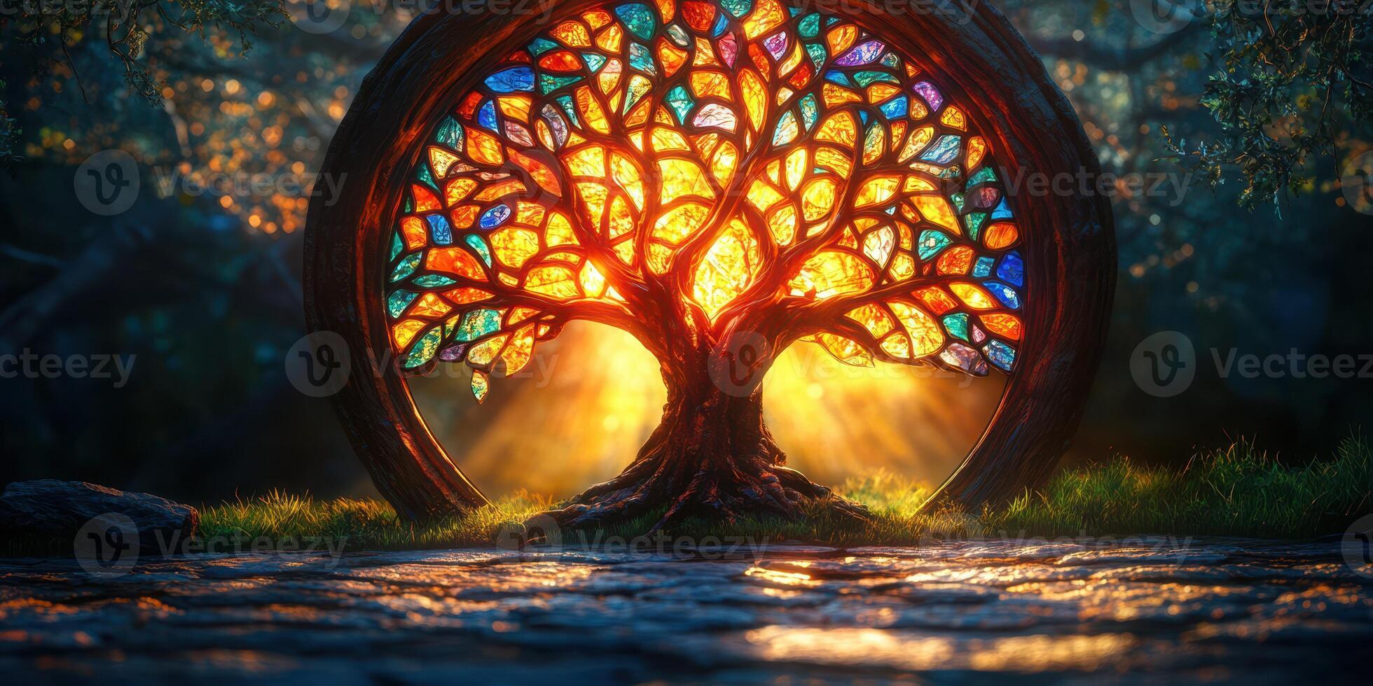 Vibrant stained glass tree illumination at sunset in a tranquil garden photo