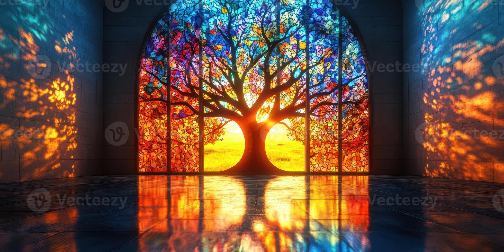 Stunning stained glass tree mural showcasing vibrant colors at sunset in an indoor setting photo