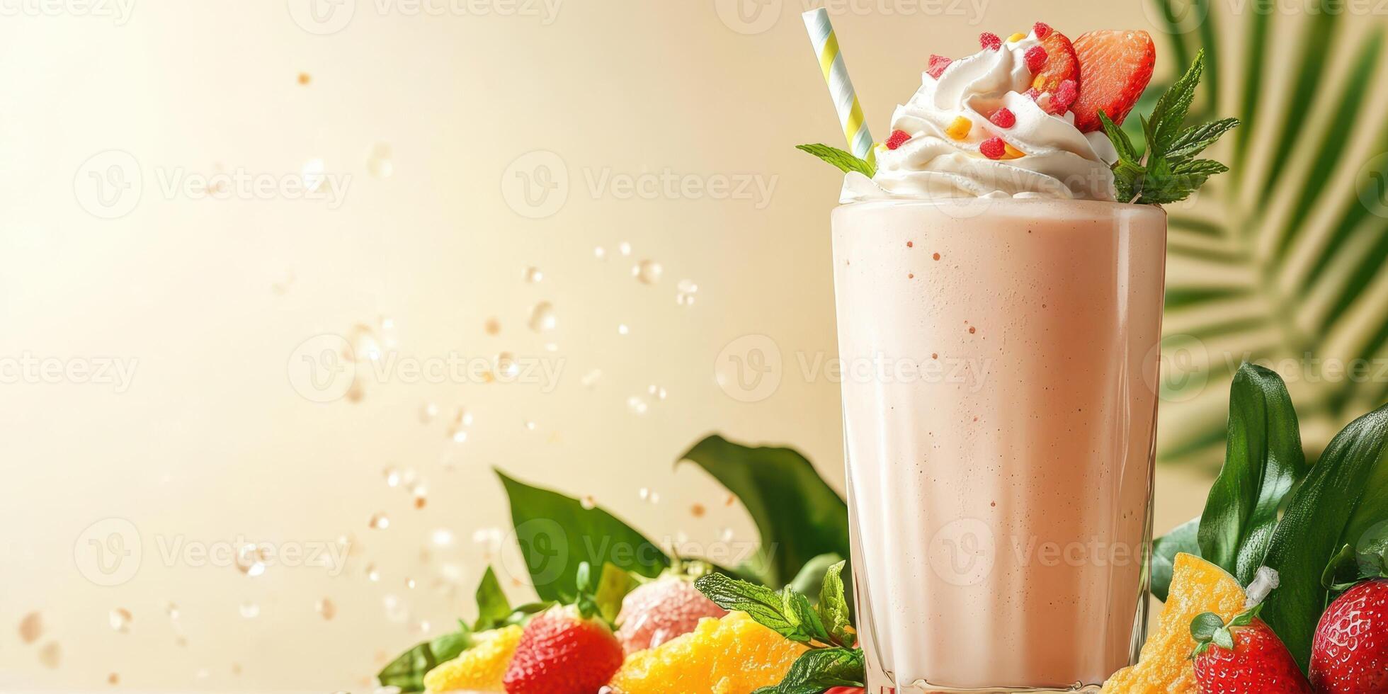 Refreshing fruit smoothie topped with whipped cream and fresh strawberries in a tropical setting photo