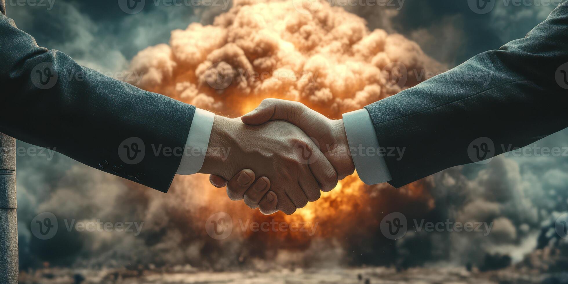 Two hands shake in front of a massive explosion symbolizing an agreement amidst chaos and destruction photo
