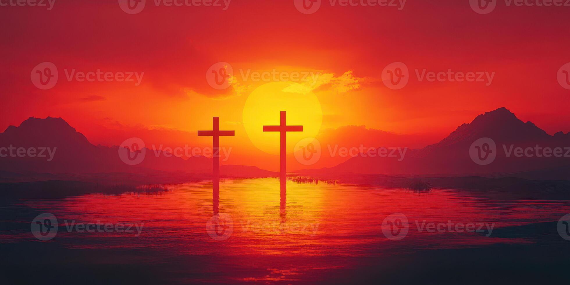 Sunset silhouette of two crosses beside tranquil water with mountains in the background photo