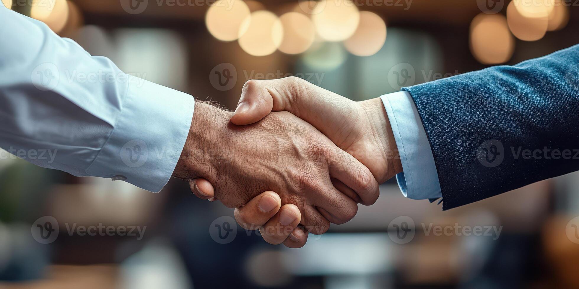 Business professionals engaging in a handshake at a modern office during afternoon meeting hours photo