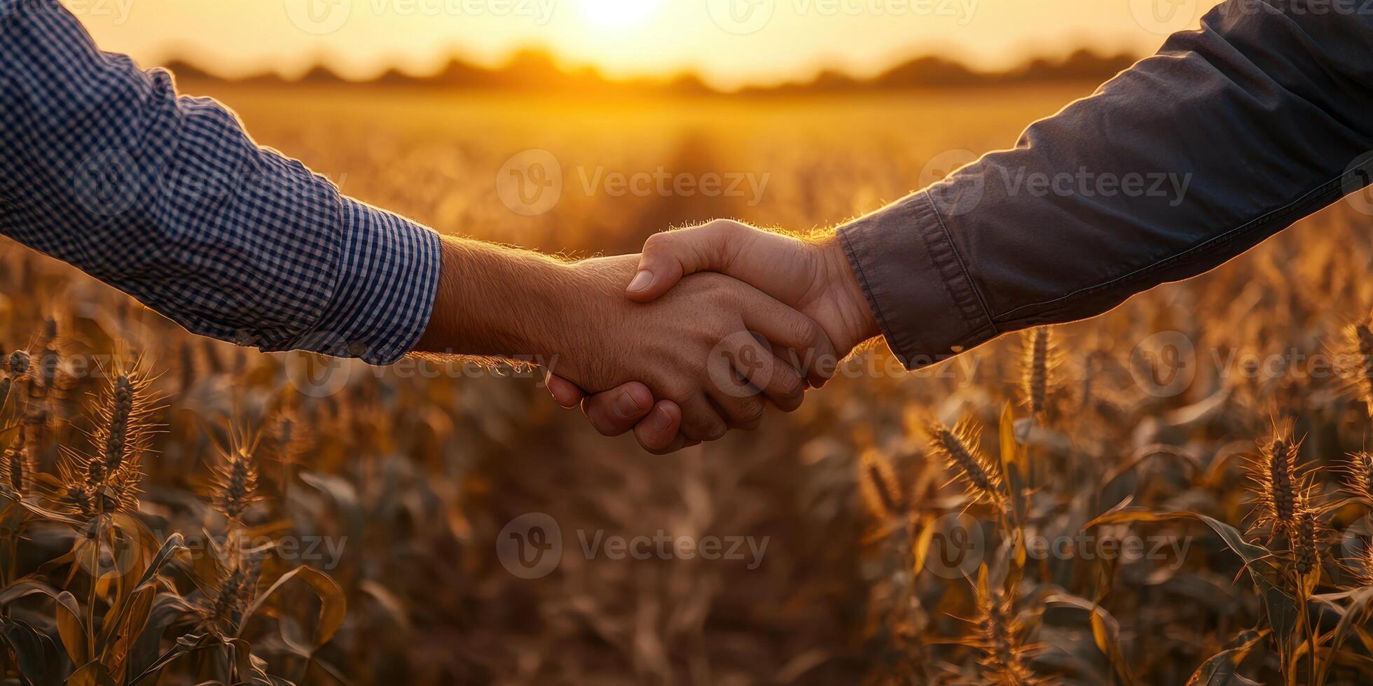 Two farmers shake hands at sunset in a wheat field, symbolizing partnership and collaboration in agriculture photo