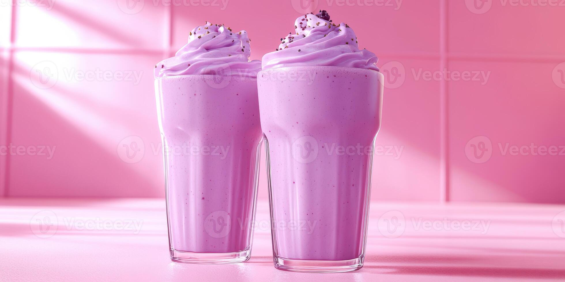 Refreshing pink milkshakes topped with whipped cream and sprinkles in a pastel setting photo