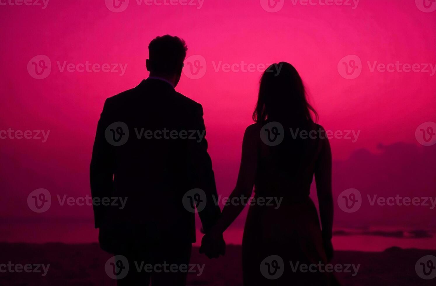 Black Silhouette astonishing Couple Man and Woman Behind on Pink Background photo